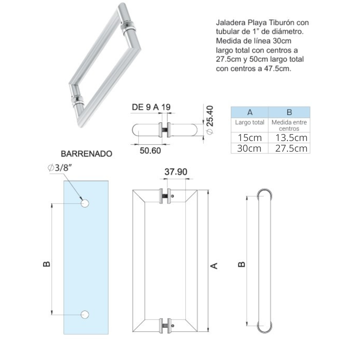 Jaladera Playa tiburon para puerta de cristal tipo escuadra 1" herralum