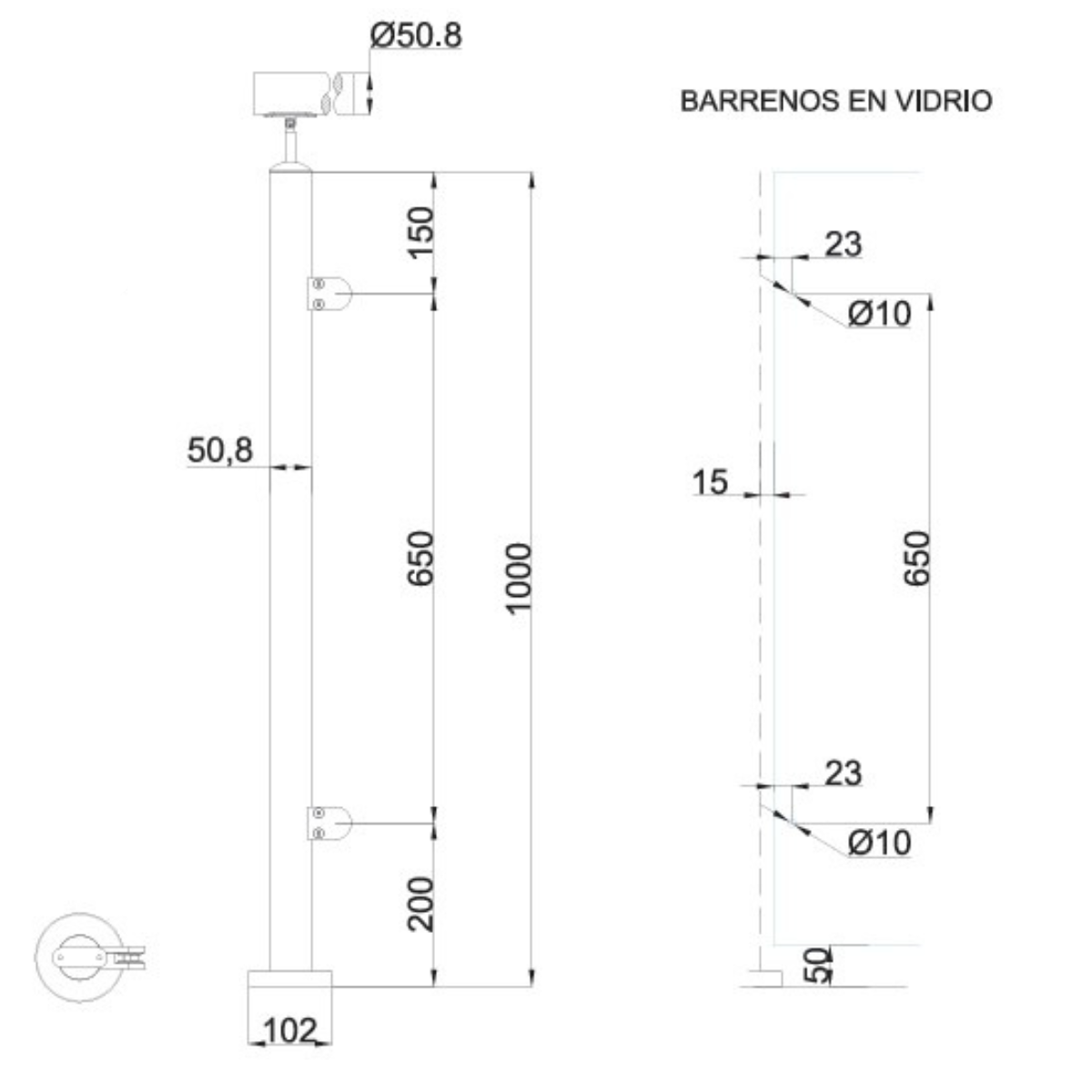 Poste Final Prefabricado Para Barandales de Cristal Templado con Pasamanos Herralum
