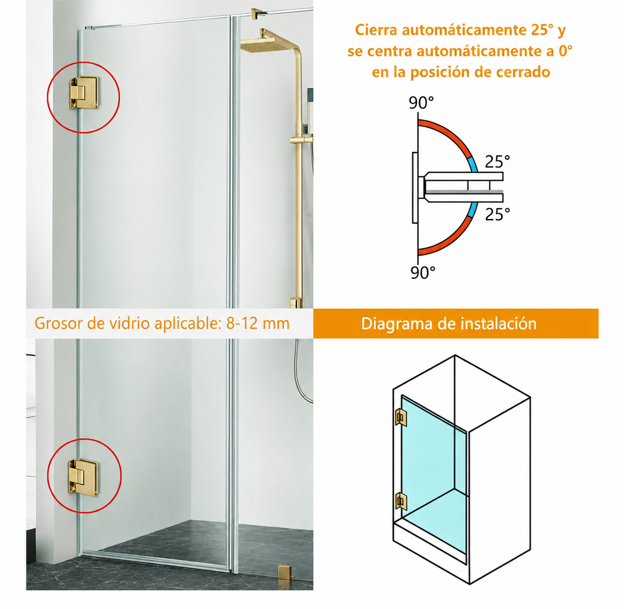 Bisagra Muro Vidrio Herralum 8-12mm Acero Inoxidable Para Puerta De Cristal