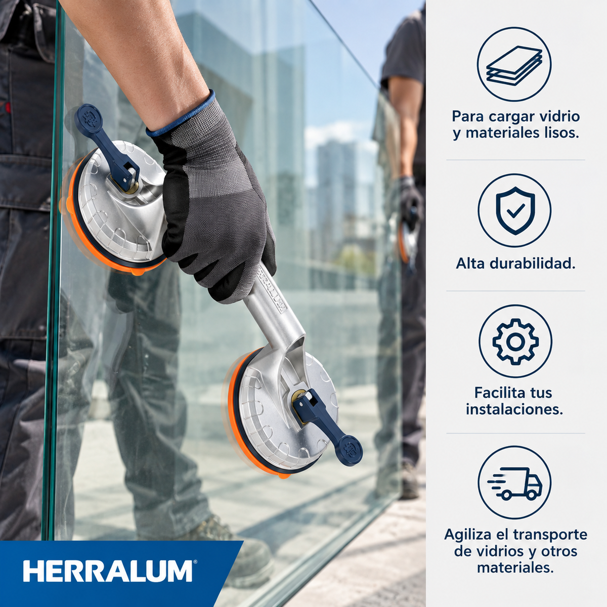 Ventosa Doble de Aluminio para Vidrio 80kg Herralum
