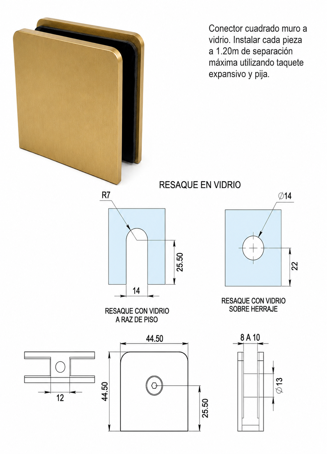 Conector Herralum Recto Muro A Vidrio Acero Inoxidable Dorado