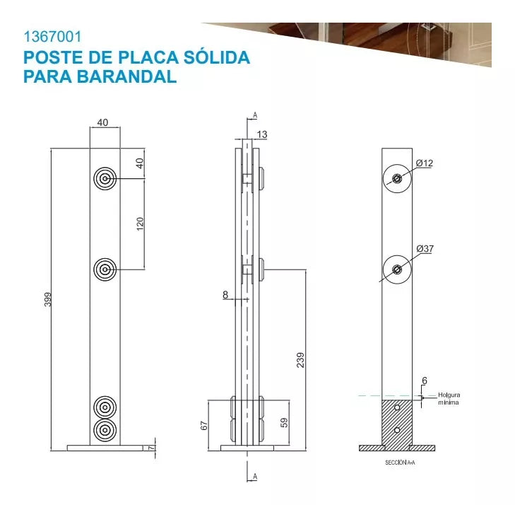 Poste de Placa Sólida Negro Para Barandal De Cristal