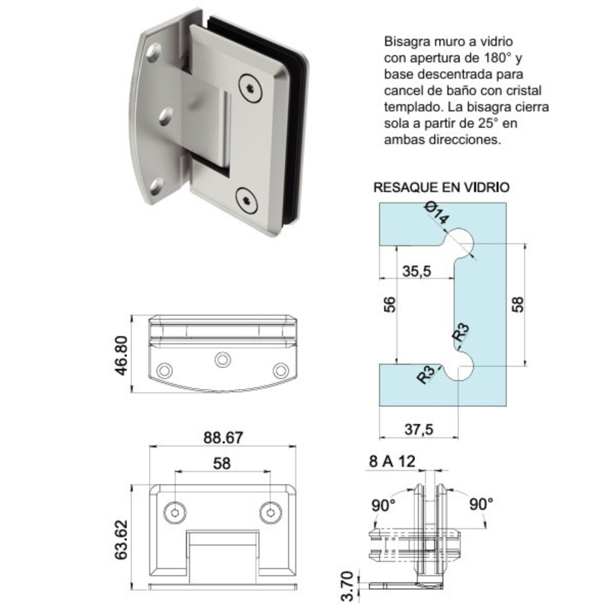Hinge with Offset Base Wall to Glass at 90º For Tempered Glass from 8 to 12mm SKU 1437 Herralum