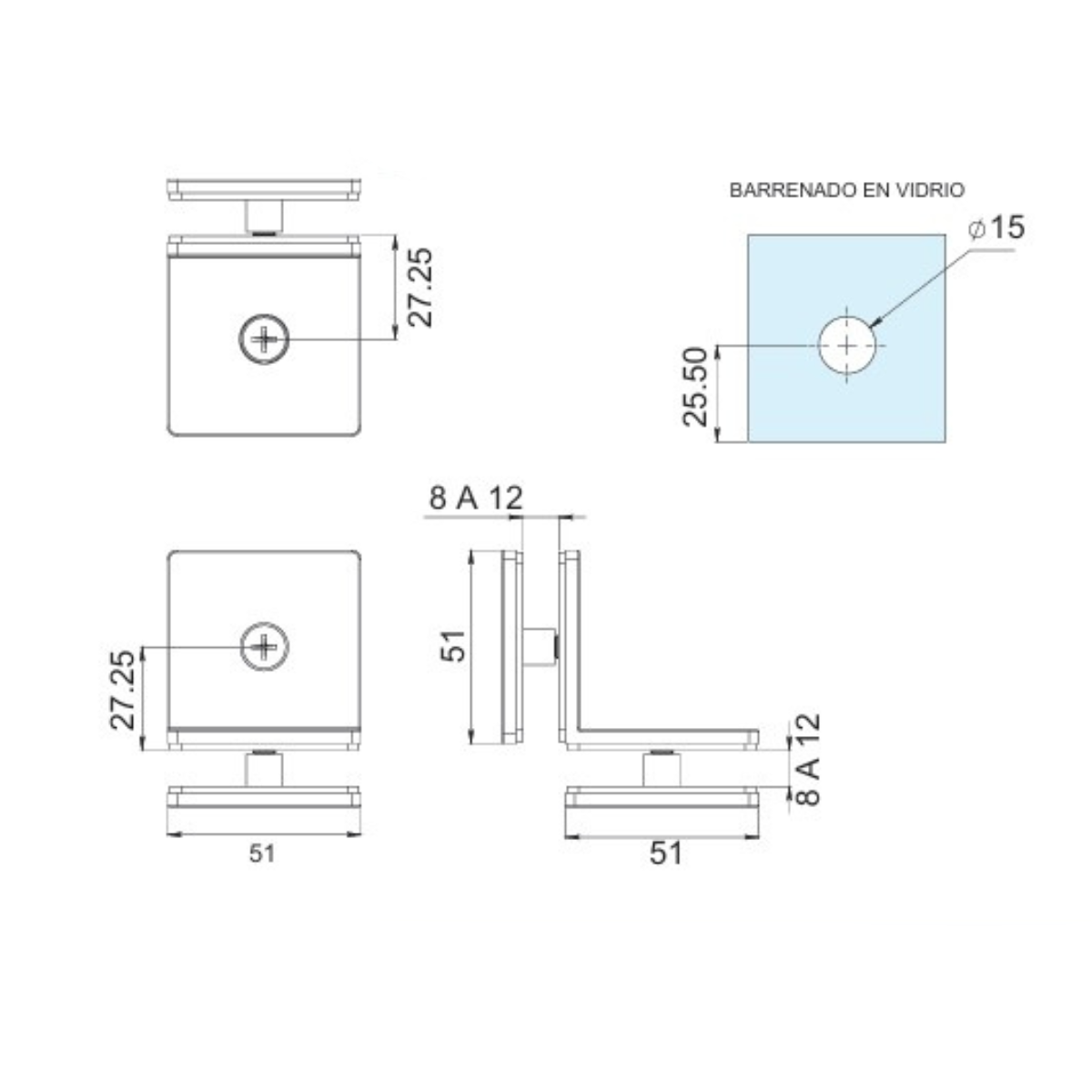 Conector Recto de Vidrio a Vidrio en 90° Herrashop