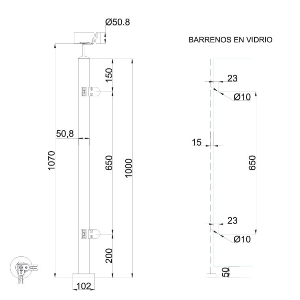 Poste Escuadra Prefabricado Para Barandales de Cristal Templado con Pasamanos Herralum