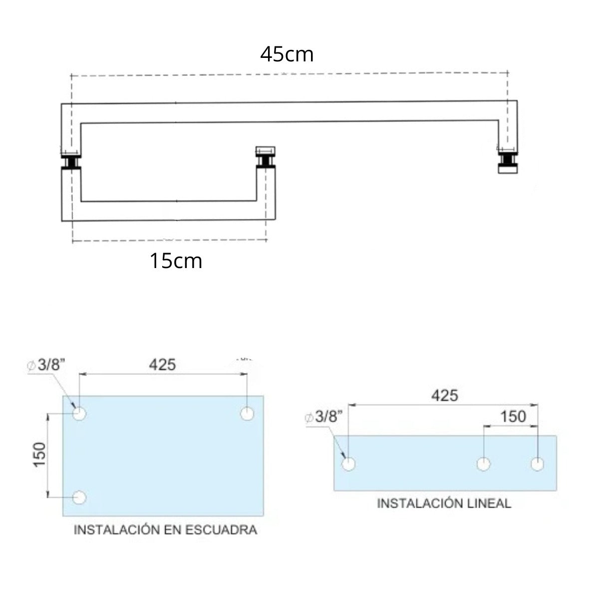 Jaladera Toallero Corta Larga Cuadrada Herralum Medida 15cm-45cm