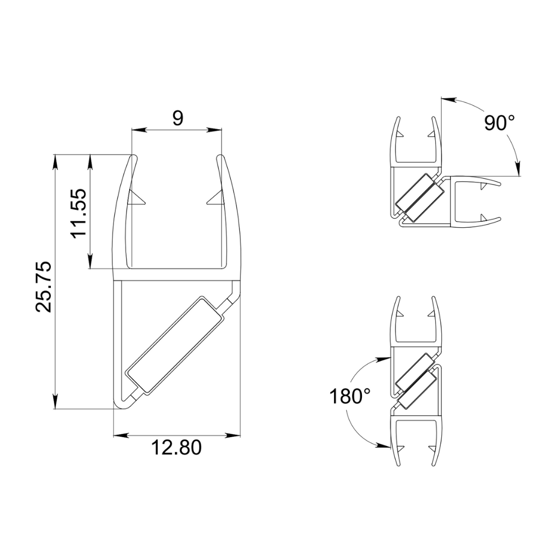 Polycarbonate Profile with Magnet for Lateral Installation in Sliding or Swinging at 180° and 90° SKU 1226