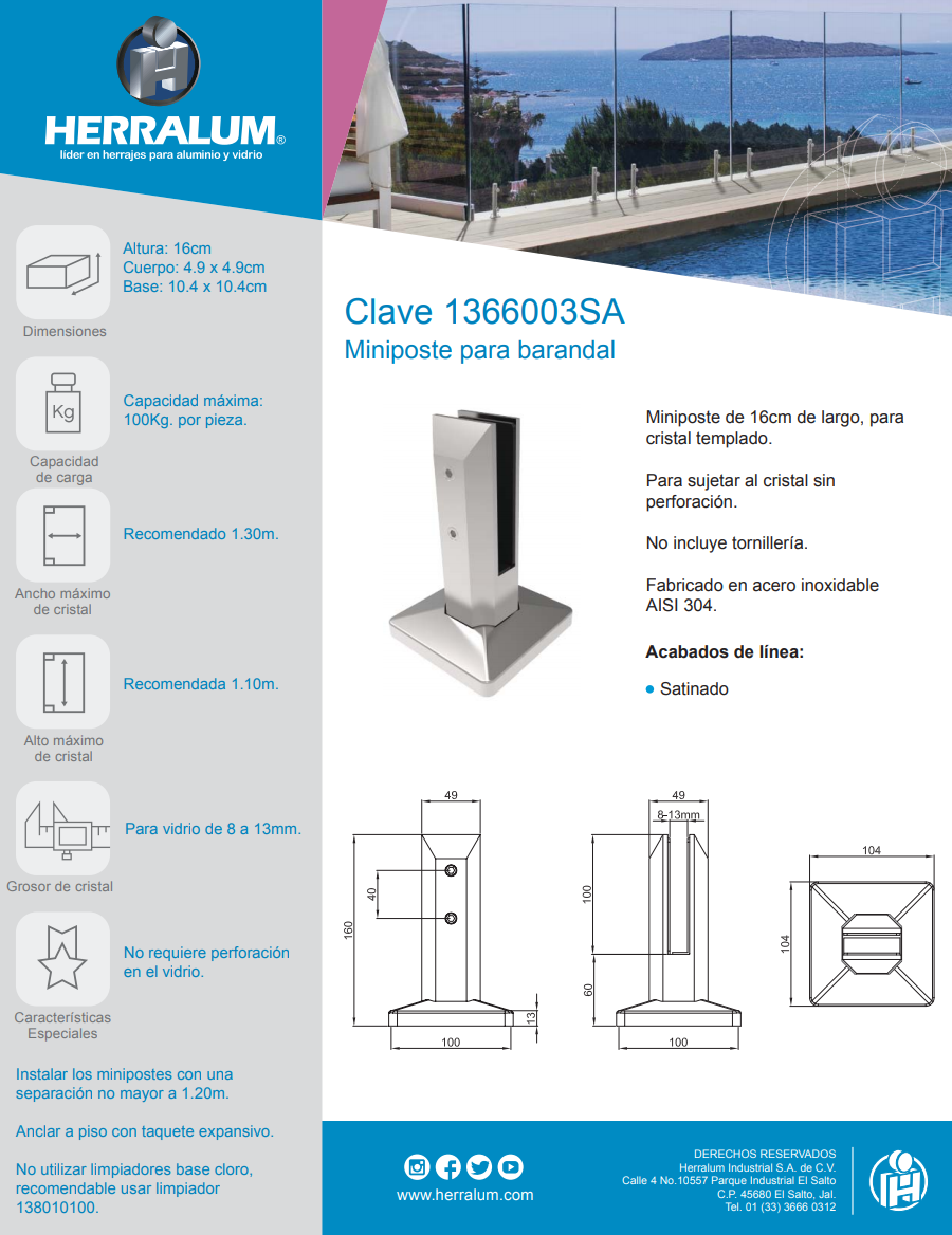 16 cm high Rectangular Minipost For Tempered Glass Railing from 8 to 13mm SKU 1366003 Herralum