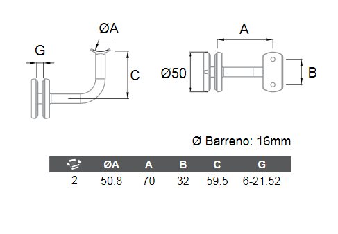 Soporte Vidrio a Tubo de 50.8mm Para Pasamanos herralum