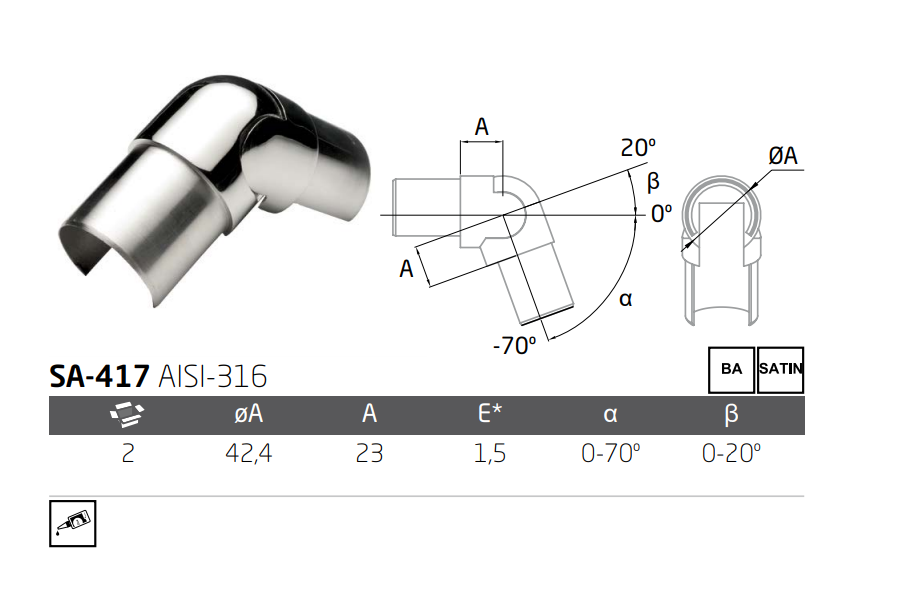 Codo Ajustable Acero Inoxidable Angulo de 0 20º Y 0 -70º