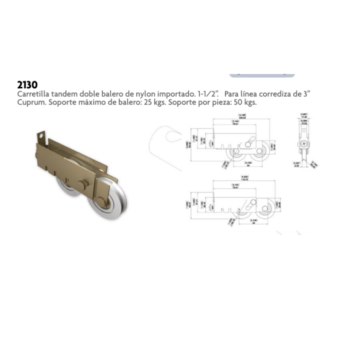 Double Bearing Tandem Wheelbarrow of 1 1/2 and 1 1/4 For 3” Sliding Cuprum line SKU 2130 Herralum