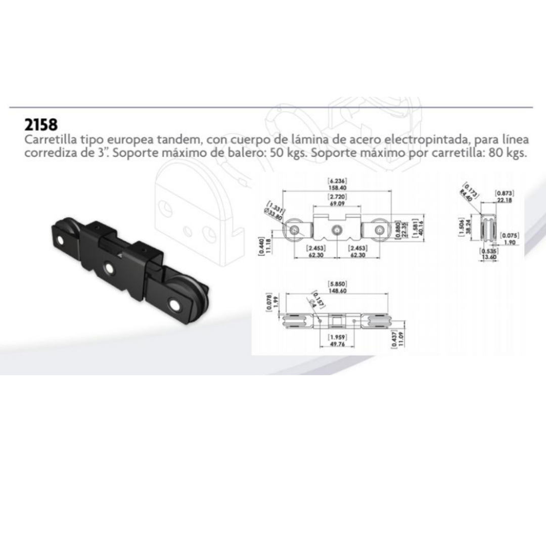 Carretilla Tipo Europea Tándem con Rodajas Para Linea Corrediza de 3" SKU 2158DOBNI Herralum