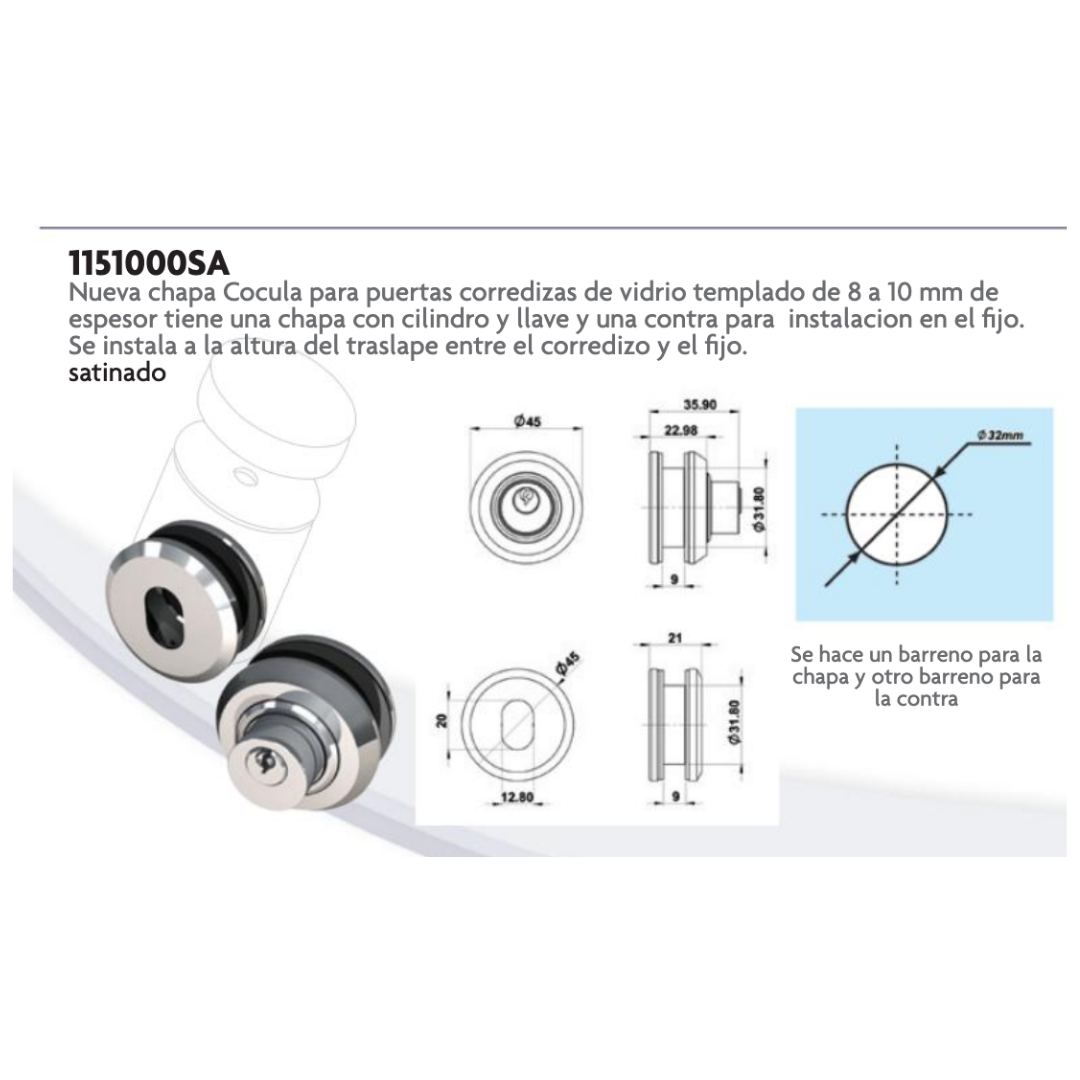 Chapa Cocula con Contra Para Puerta Corrediza de Vidrio Templado SKU 1151 Herralum