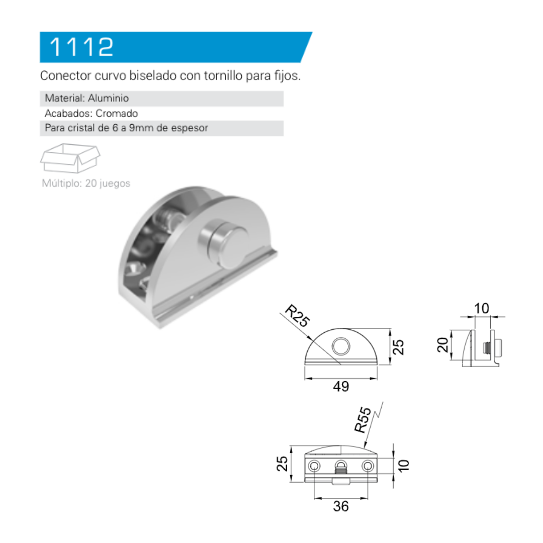 Conector Curvo Biselado con Tornillo Para Cristal Fijo de 6 a 9mm
