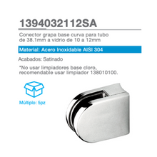 Curved Base Clip Connector For 38.1mm Tube to 10 to 12mm Glass SKU 1394032112SA