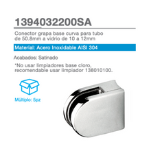 Curved Base Clip Connector For 50.8mm Tube to 10 to 12mm Glass SKU 1394032200SA