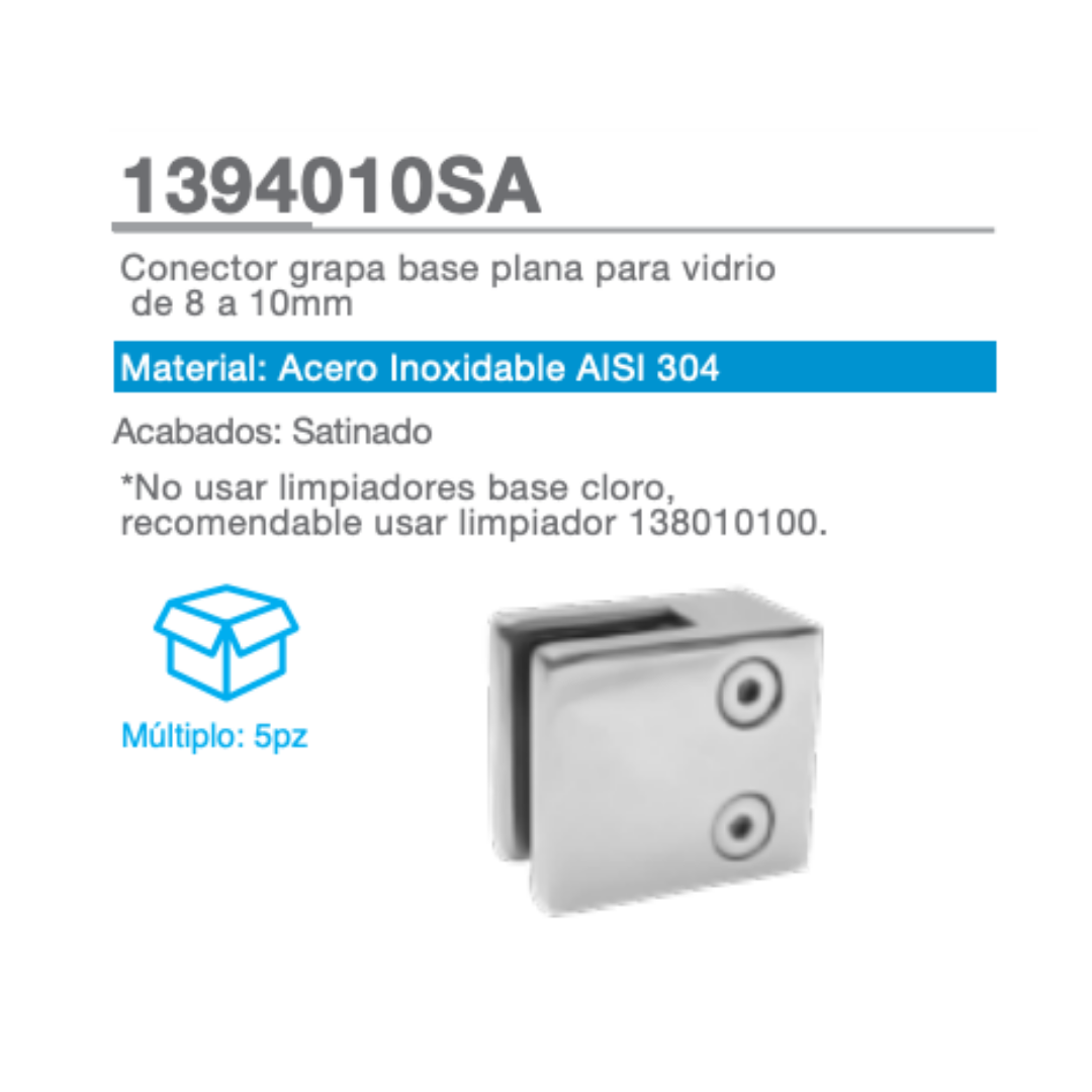 Conector Grapa Base Plana Para Vidrio de 8 a 10mm