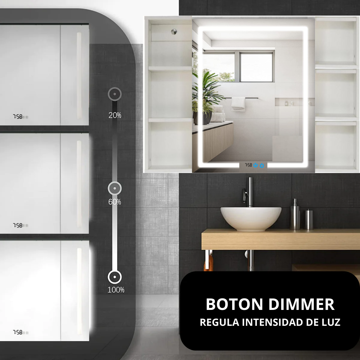 Botiquín Premium Peñasco 90x65x13 Con Luz Led+ Dimmer + Antifog +Reloj + Temperatura
