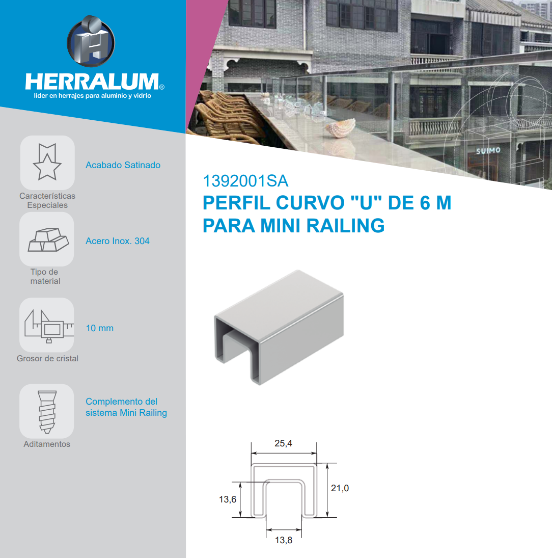 "U" Type Square Profile For Mini Railing. SKU 1392 Herralum