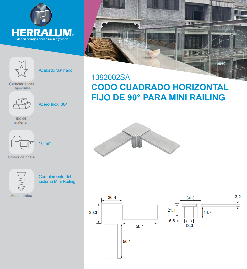 Fixed 90° Horizontal Square Elbow For Mini Railing. SKU 1392