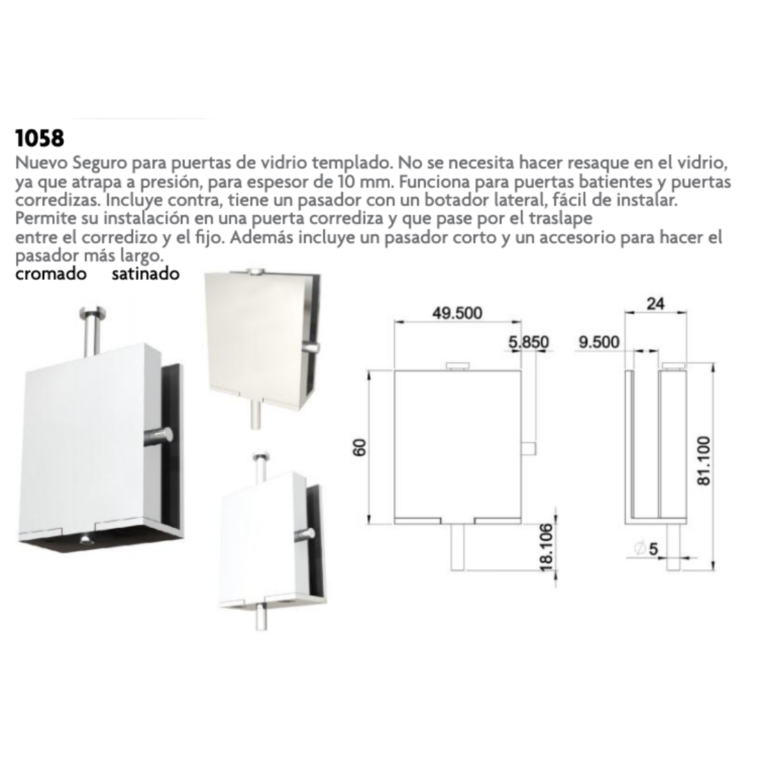Seguro con Pasador Para Puerta Batiente o Corrediza de Cristal Templado herralum