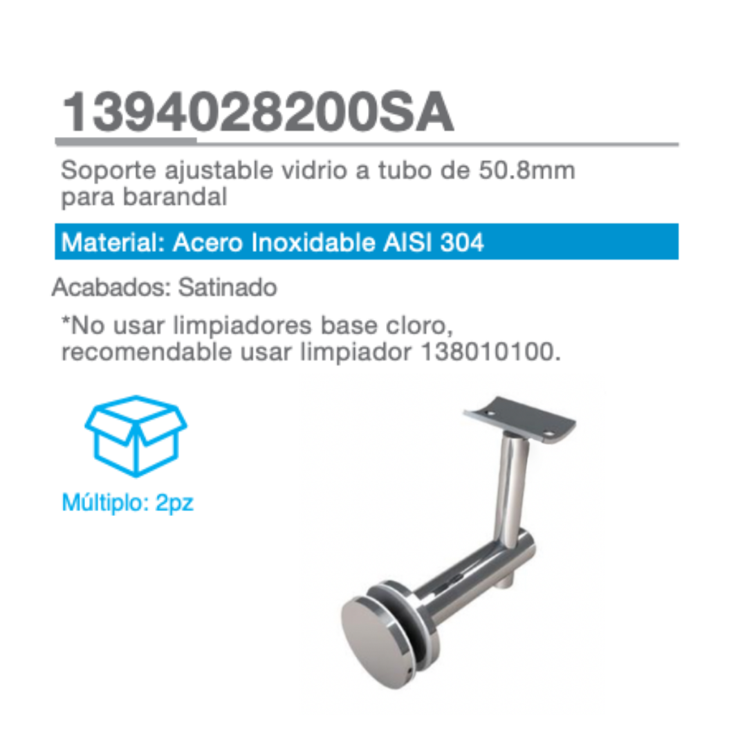 Soporte Ajustable Vidrio a Tubo de 50.8mm Para Barandal herralum