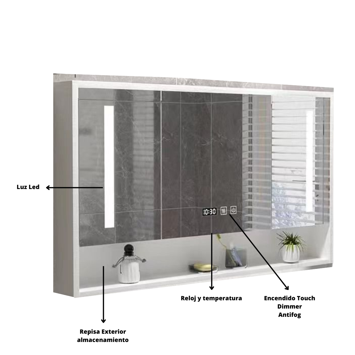 Botiquín Premium San Carlos 90x70x13 Sin o Con 3 Tonos De Luz Led+ Dimmer + Antifog +Reloj + Temperatura