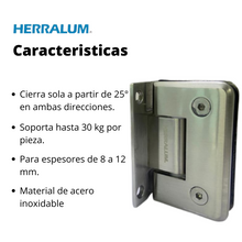 Bisagra Muro a Vidrio 180° Para Puerta De Cristal Templado Herralum