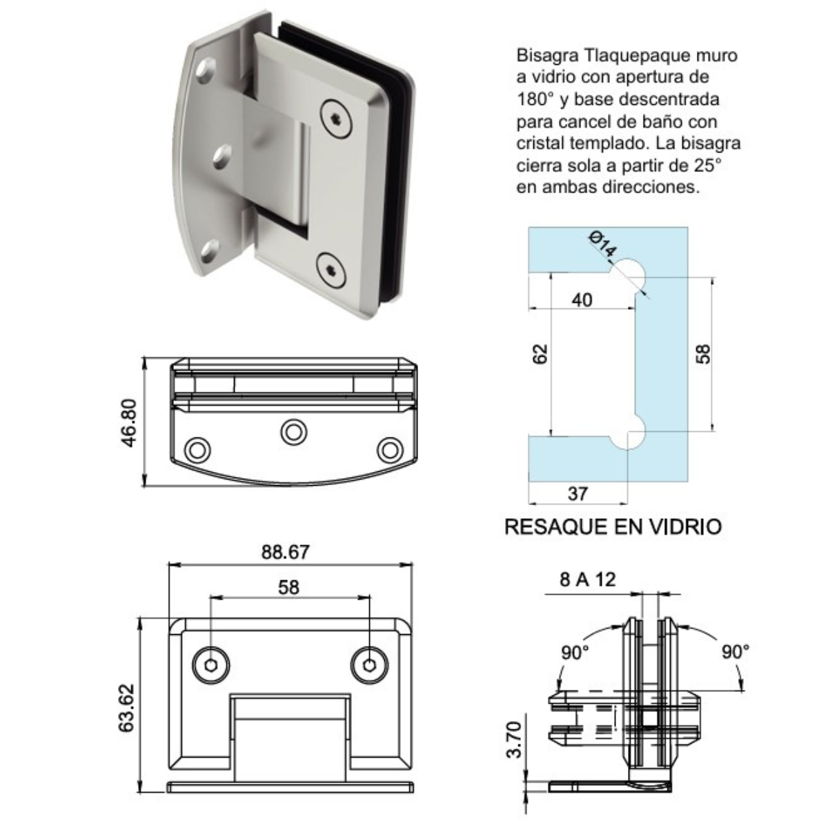 Bisagra descentrada Muro a Vidrio con Apertura de 180º Para Puertas de Cristal Templado Herralum