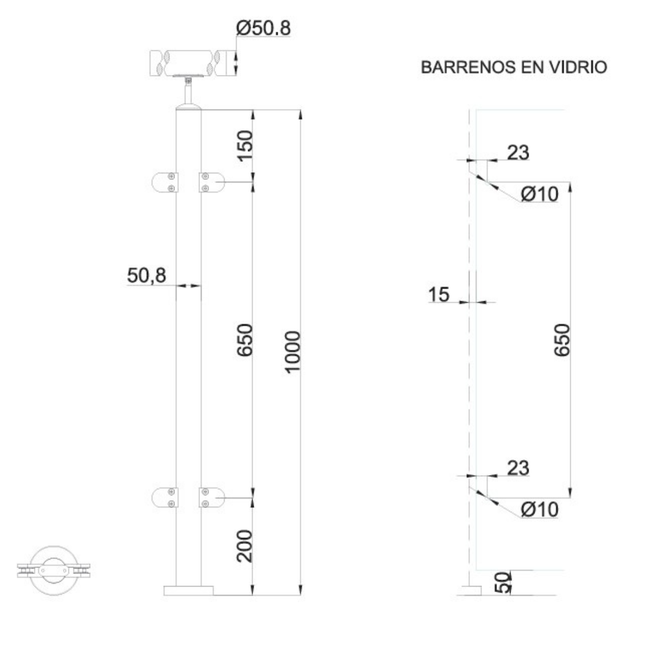 Poste Prefabricado Para Barandales de Cristal Templado a 180 grados con pasamanos Herralum