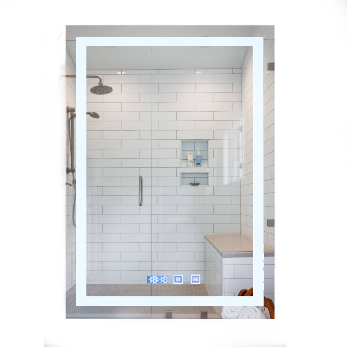 Luxury Rectangular Mirror 60x80 cm With 3 light tones + Anti-fog + Clock + Temperature
