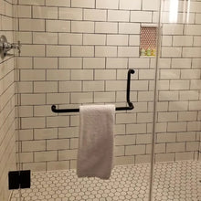 Glass bathroom door handle with towel rail measuring 15cm-45cm