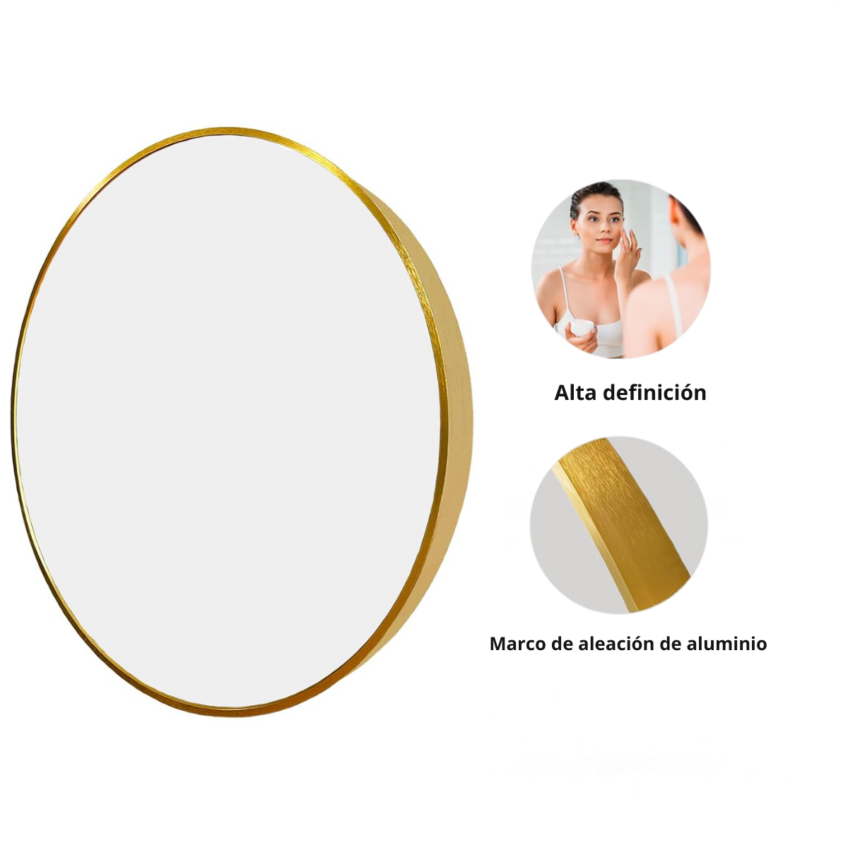 Espejo redondo con marco de aluminio en color oro herrashop