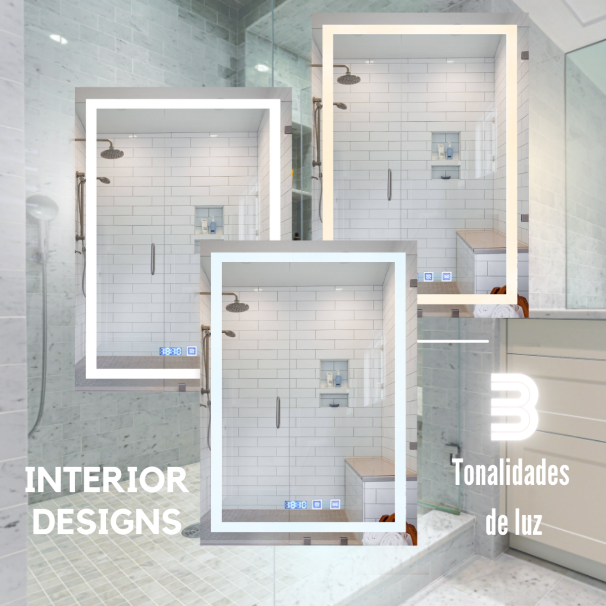 Luxury Rectangular Mirror 60x80 cm With 3 light tones + Anti-fog + Clock + Temperature
