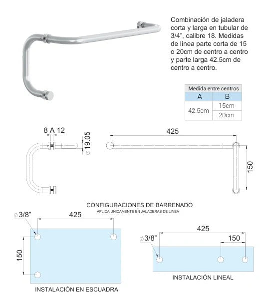 Jaladera para puerta de baño de cristal con Toallero medida 15cm-45cm herralum