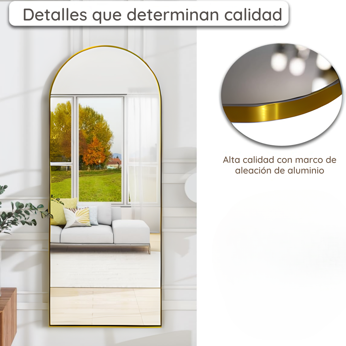 Espejo full body en forma de arco con marco de aluminio color oro 60x150 cm herrashop
