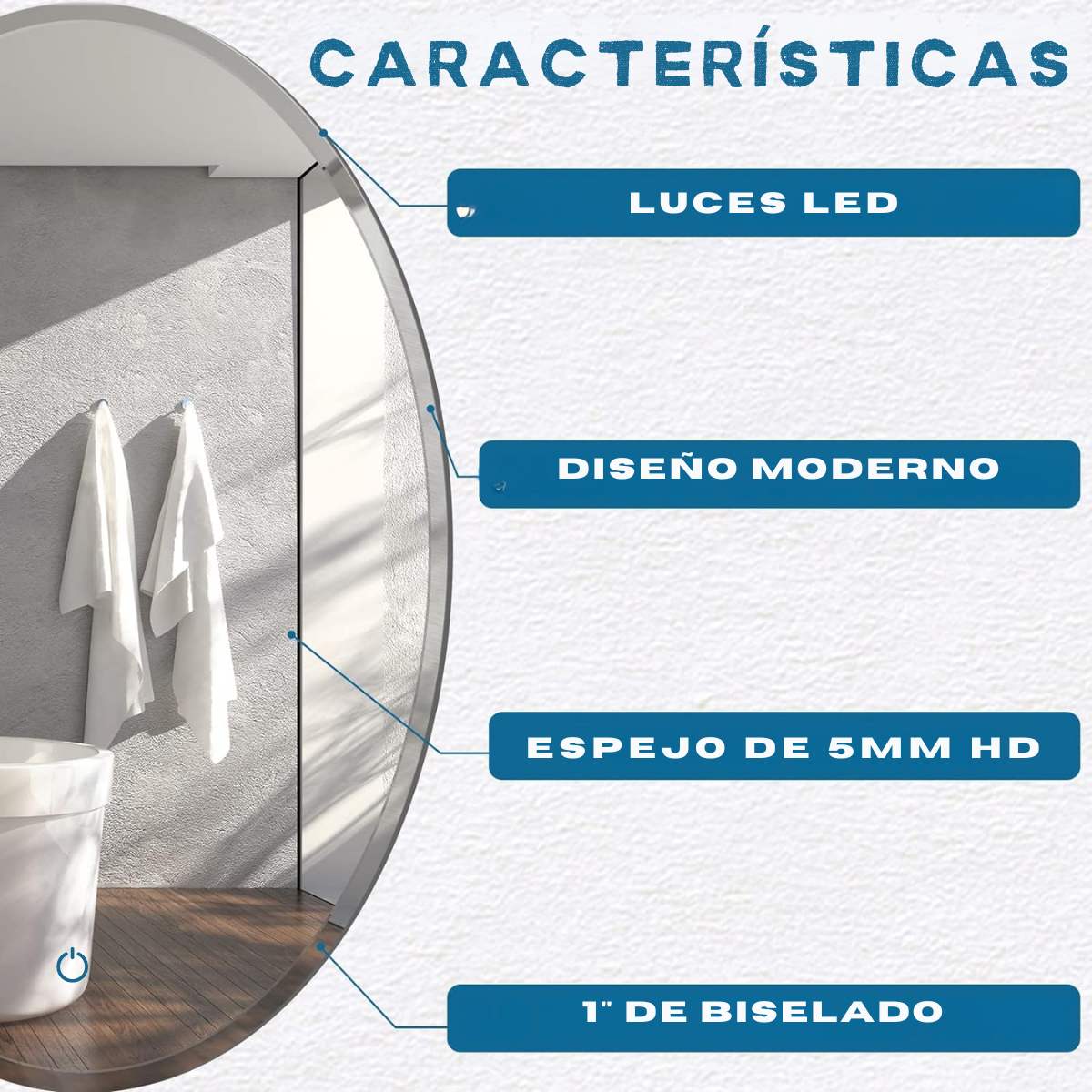 Espejo ovalado con biselado y luces led traseras 60x80 cm herrashop