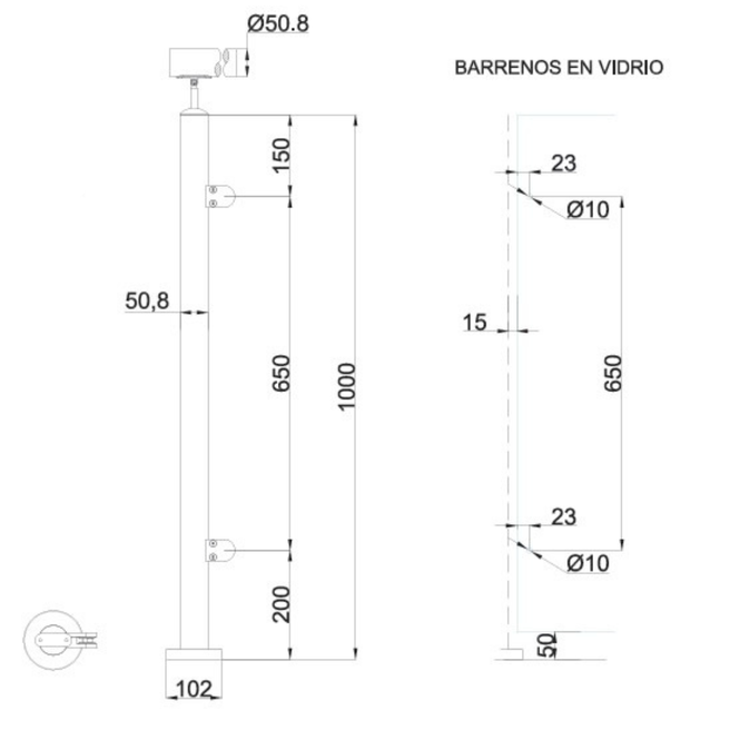 Poste Final Prefabricado Para Barandales de Cristal Templado con pasamanos Herralum