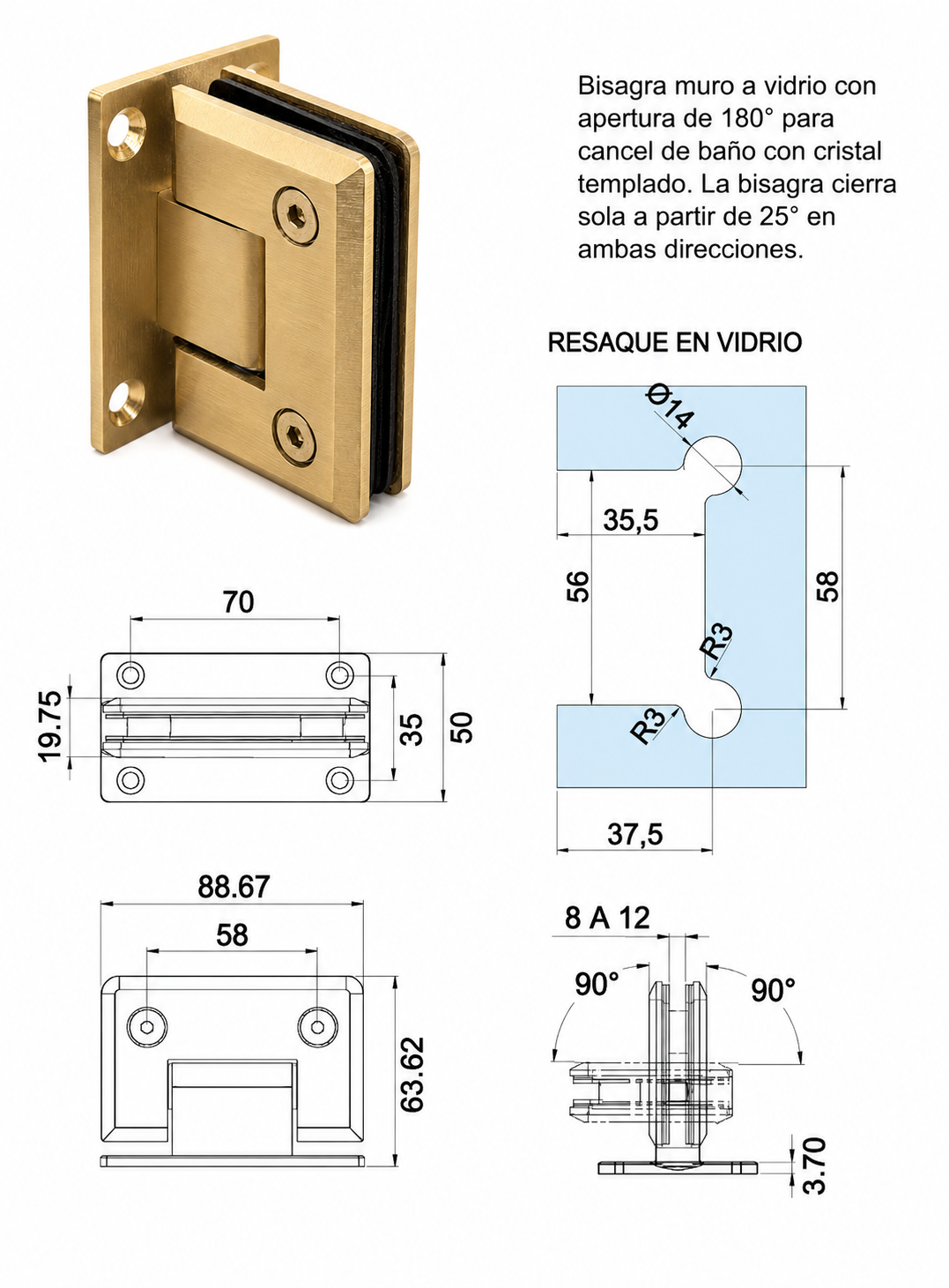 Bisagra Muro Vidrio Herralum 8-12mm Acero Inoxidable Para Puerta De Cristal