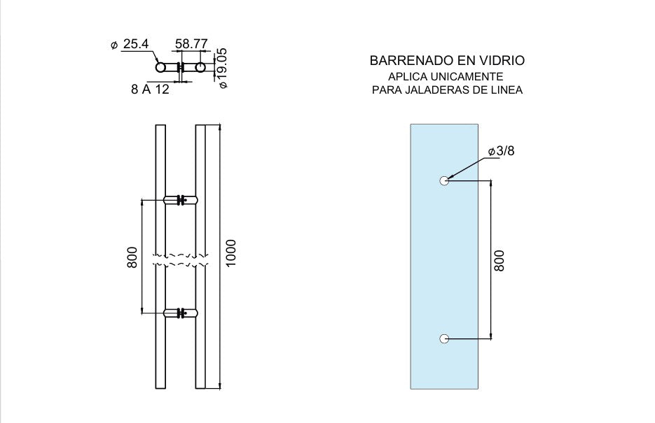 Jaladera para puerta principal Tipo H diametro de 1" herralum