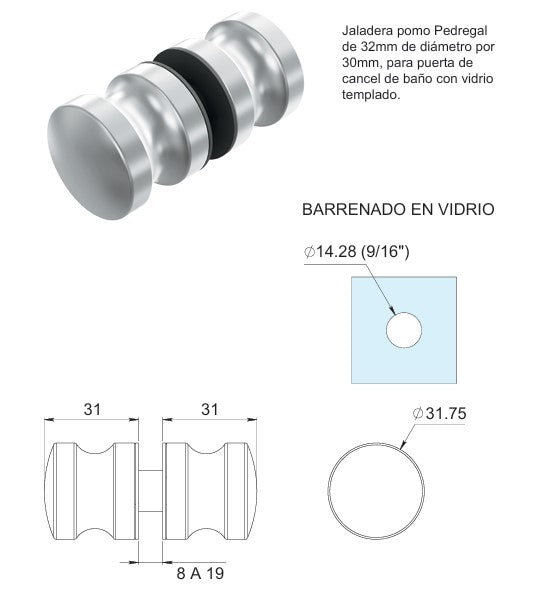 Jaladera Pomo Pedregal de Acero Inoxidable de 32mm de Diametro por 30mm herralum