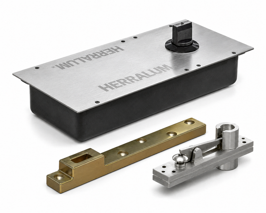 Bisagra Hidráulica de piso Herralum hasta 120kg para puertas de Vidrio Templado, Herrería, Madera, Aluminio SKU 141712000