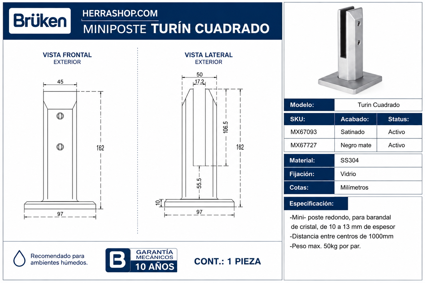 Mini poste Turín Cuadrado para Barandal Brüken SKU BRK1057CNE