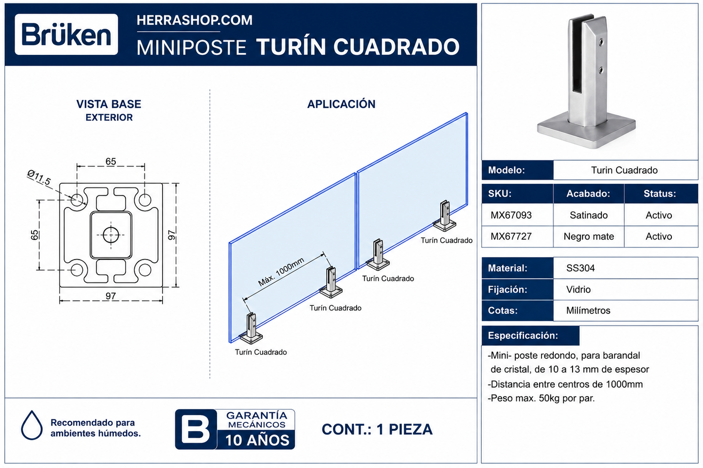 Mini poste Turín Cuadrado para Barandal Brüken SKU BRK1057CNE
