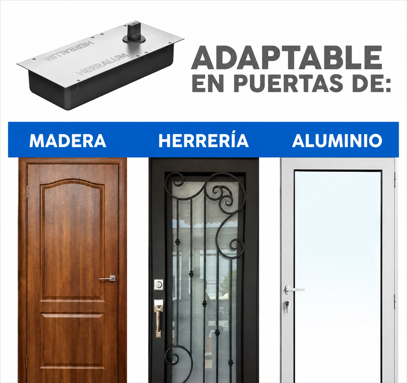 Bisagra Hidráulica de piso Herralum hasta 120kg para puertas de Vidrio Templado, Herrería, Madera, Aluminio SKU 141712000