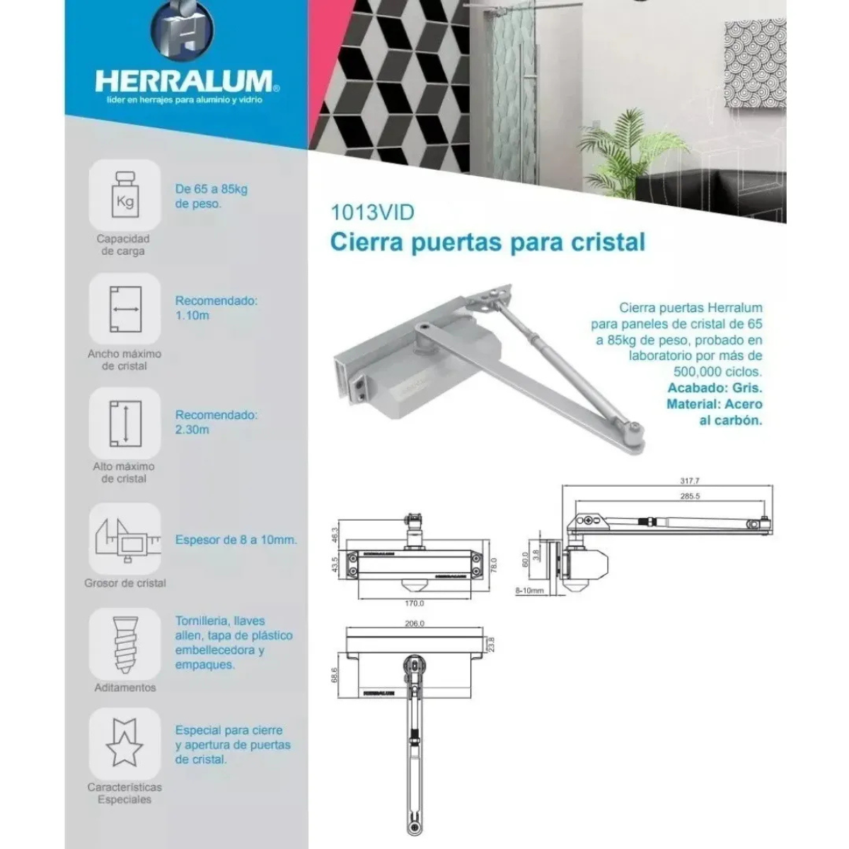 Cierra Puertas Para Puertas De Cristal Soporte 85 Kg
