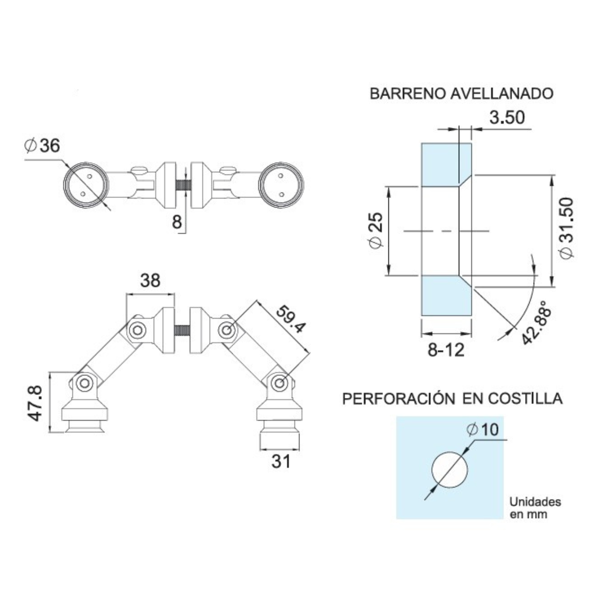 Stainless Steel Double Adjustable Connector For Tempered Glass from 8 to 12mm SKU 1236