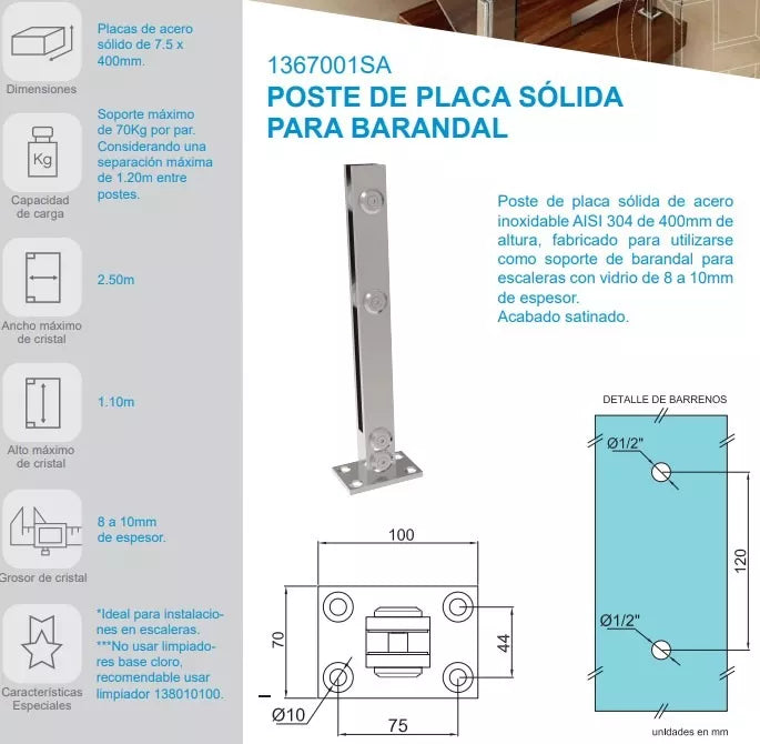 Poste de Placa Sólida Para Barandal De Cristal