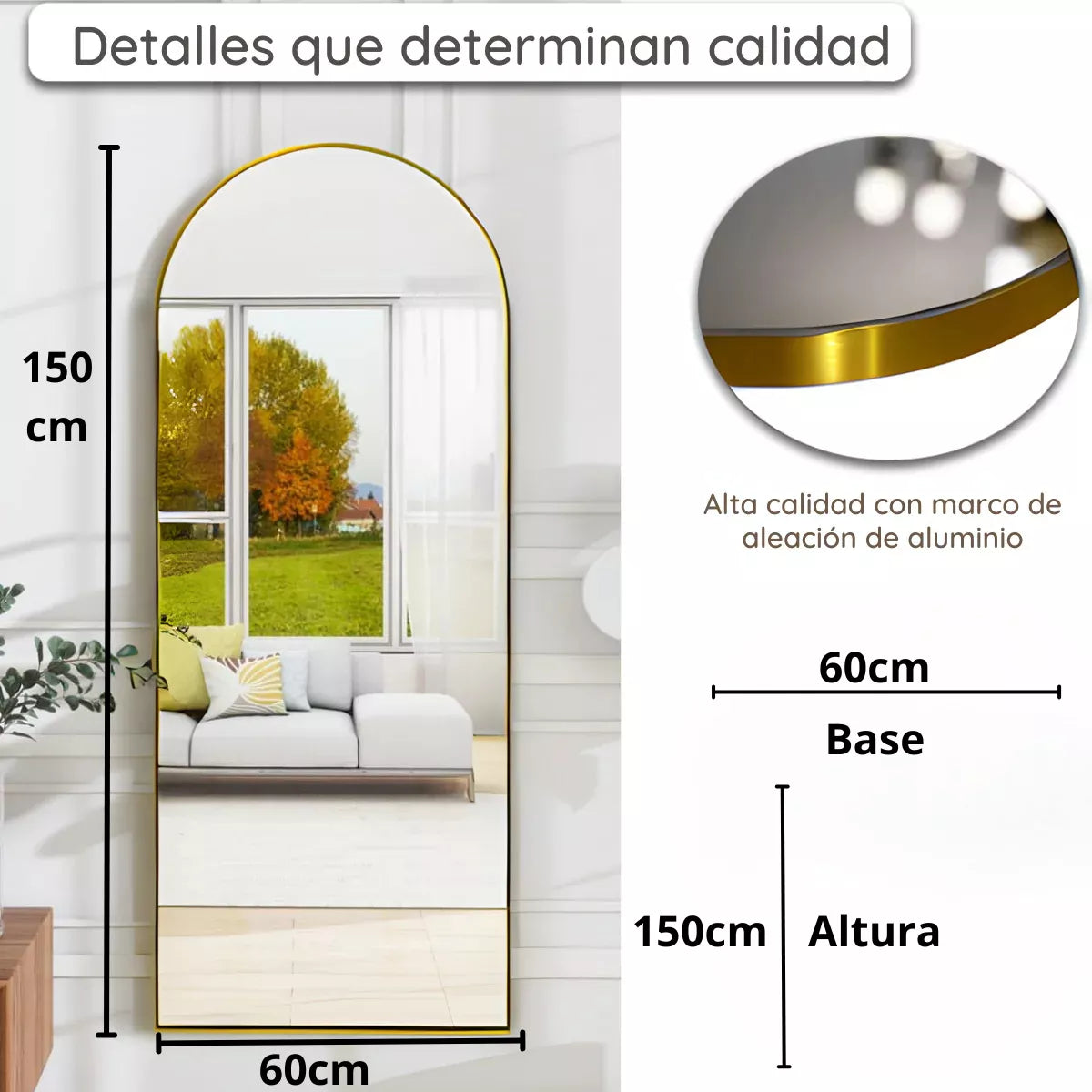 Espejo full body en forma de arco con marco de aluminio color oro 60x150 cm herrashop