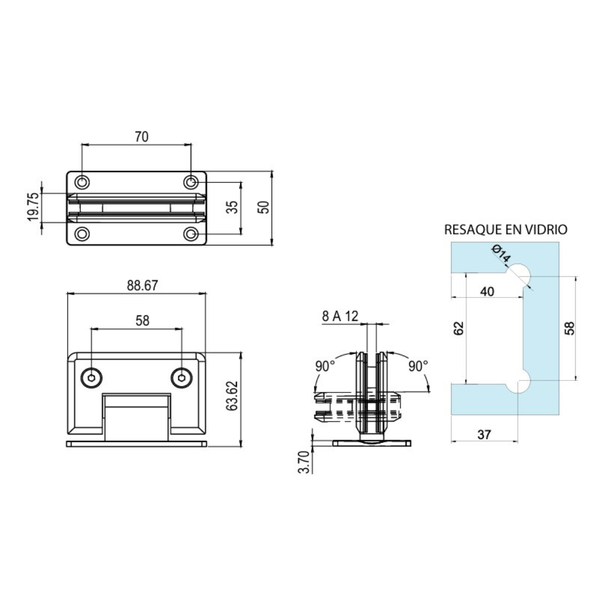 Bisagra Muro a VIdrio 180° Para Puertas de Cristal Templado Herralum